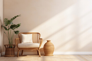 Empty beige wall mockup in boho room interior with wicker armchair and vase. Natural daylight from...