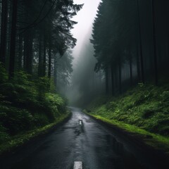 Photo of a suburban highway full of fog and dark colors