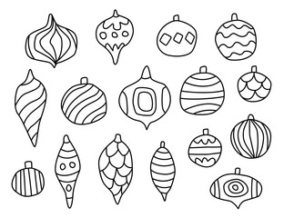 Hand drawn set of Christmas balls and bulbs. Vector elements isolated on white background. Holiday decorations.