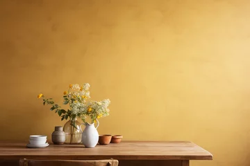 Cercles muraux Mur Textured mustard yellow wall copy space. Monochrome empty wall in kitchen with minimalist table. Wall scene mockup product for showcase, Promotion background.