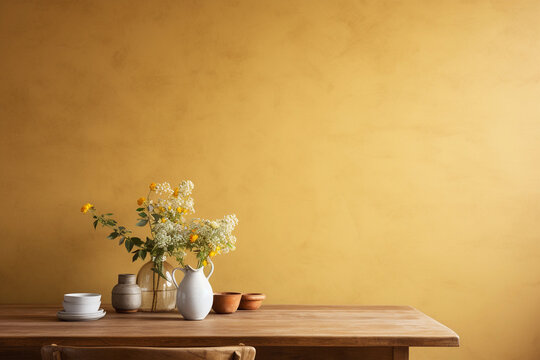 Textured mustard yellow wall copy space. Monochrome empty wall in kitchen with minimalist table. Wall scene mockup product for showcase, Promotion background.