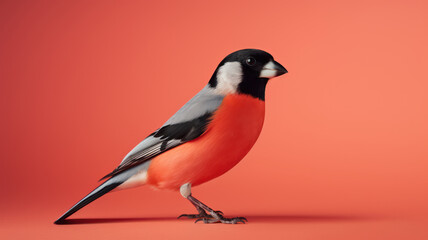 Advertising portrait, banner, small red bird bullfinch looks to the right, isolated on red background