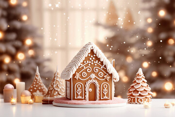 Beautiful and cozy Christmas background. Close up of gingerbread houses on table over lights...