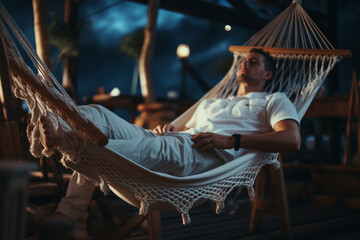 Man lying in hammock on the beach, in the style of soft and dreamy depictions