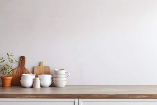 Empty tabletop with white tableware and copy space. Kitchen minimalist interior with wood table. Promotion background.