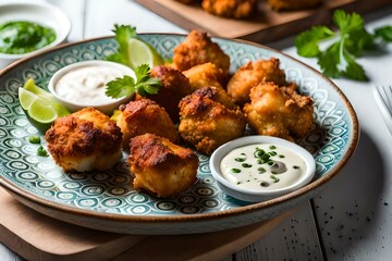 A plate of crispy cauliflower wings with a side of vegan ranch dressing