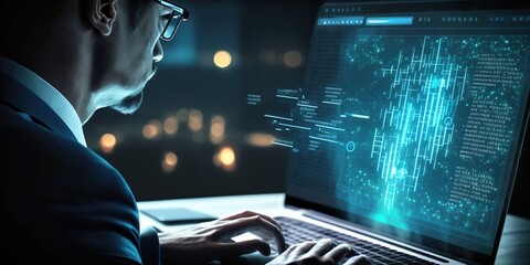 a businessman, delves into financial data on his laptop, showcasing the importance of digital tools in modern finance.