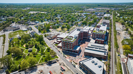 Downtown Fort Wayne Electric Works GE building rooftop greenery aerial with McCulloch Park