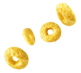 Tasty ring cereals falling in the air isolated.