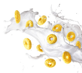 Tasty ring cereals falling in the air isolated.