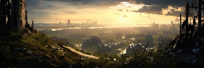 Post-apocalyptic wasteland where nature has reclaimed the land. Dystopic overgrown buildings. Ruins of a decaying city. Generative AI.
