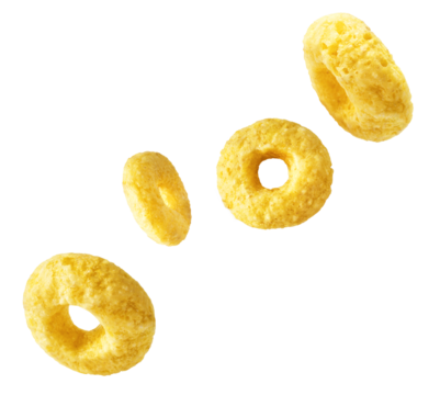 Tasty ring cereals falling in the air isolated.