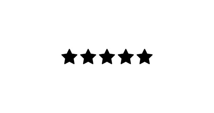 Five Stars Rating animation on white background. Set of animated Stars.  Product Quality, Feedback, Customer Review.