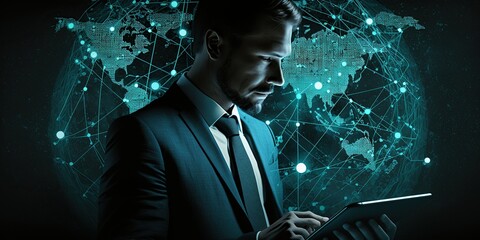 A businessman taps into global network connections using a digital tablet, with a world map backdrop emphasizing international reach.


