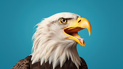 Fototapeta premium Advertising portrait, banner, screaming eagle with yellow eyes and white head, with open beak, isolated on blue background