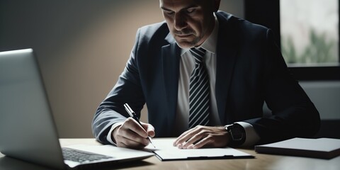 A businessman finalizes a deal by signing a business contract, emphasizing the importance of formal agreements in commerce.