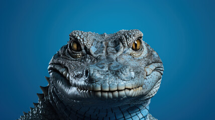 Advertising portrait, banner, scarry crocodile with open mouth and yellow eyes, straight look,...