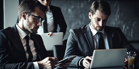 Businessman in black suit working on laptop computer in office with other business men