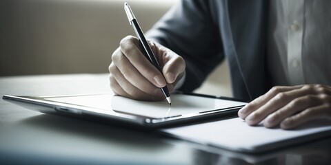 E-signing, electronic signature concept. Businessman hand using stylus pen signing on digital tablet on office table