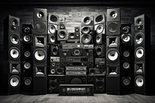 Music speakers on the wall in monochrome vintage style