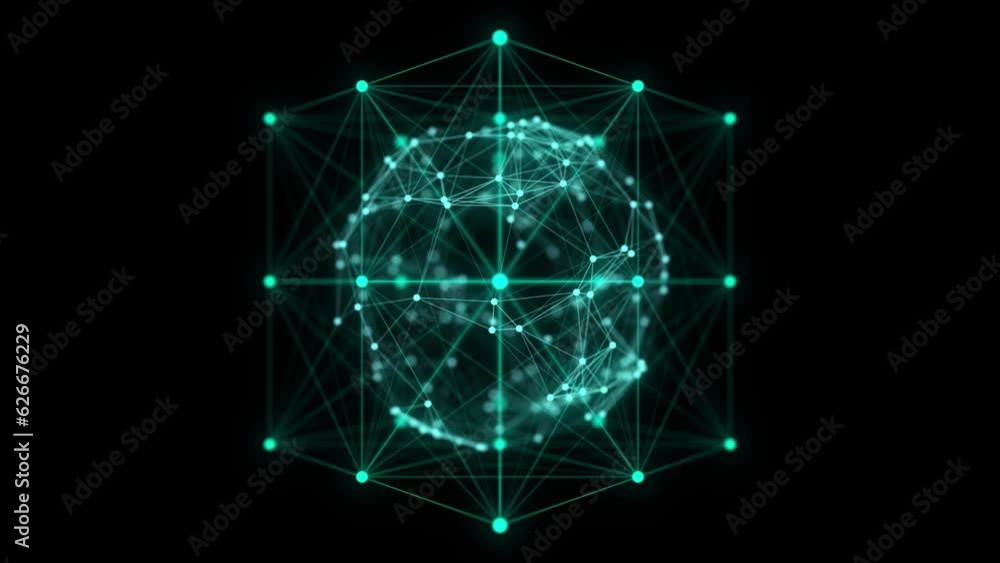 Poster Abstract blue sphere in the cube with connecting dots and lines. Wireframe technology sphere of particle, blockchain concept. Big data visualization. 3d rendering.
