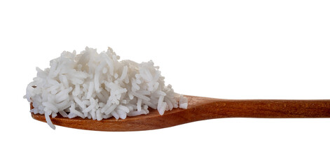 White boiled rice on wooden spoon isolated