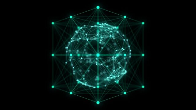 Abstract blue sphere in the cube with connecting dots and lines. Wireframe technology sphere of particle, blockchain concept. Big data visualization. 3d rendering.