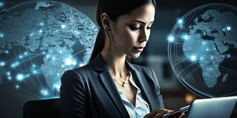 Business woman using mobile smartphone surfing the internet online working on laptop computer from home office