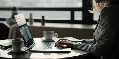 Businesswoman working online with laptop and phone from her home office at night.