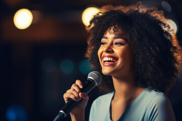 Obraz premium Young African American woman engaged in a first-time public speaking event, filled with genuine emotion and feelings