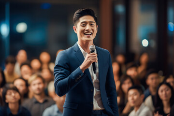 Younger Asian man engaged in a first-time public speaking event, filled with genuine emotion and feelings