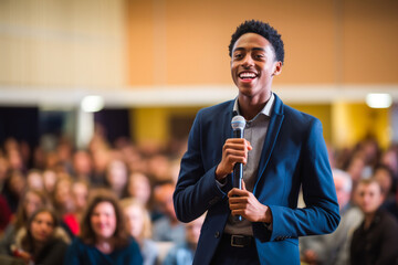 Younger African American man engaged in a first-time public speaking event, filled with genuine emotion and feelings