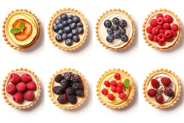 Set of tasty sweet tartlets with fresh berries. - obrazy, fototapety, plakaty
