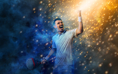 Padel tennis player with racket. Man athlete with paddle racket on court. Sport concept. Download a...