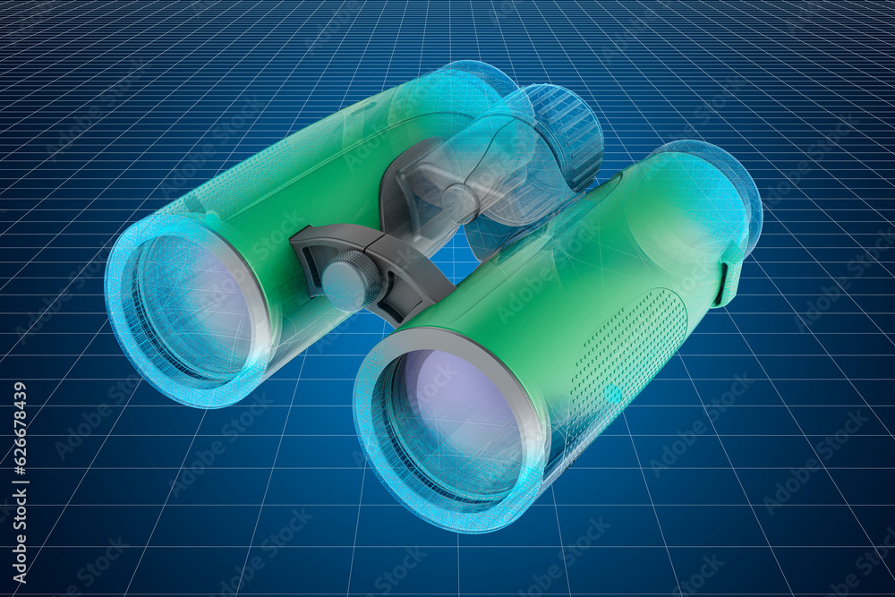 Poster visualization 3d cad model of military binocular, 3d rendering