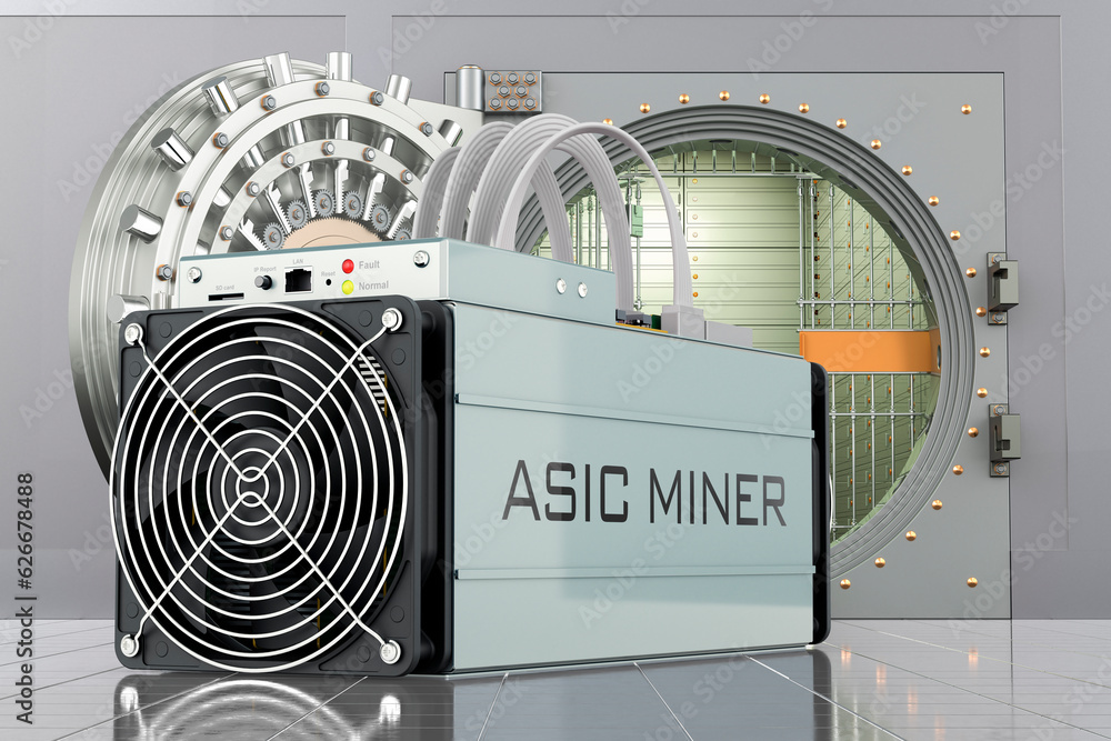 Poster asic miner with opened bank vault, 3d rendering