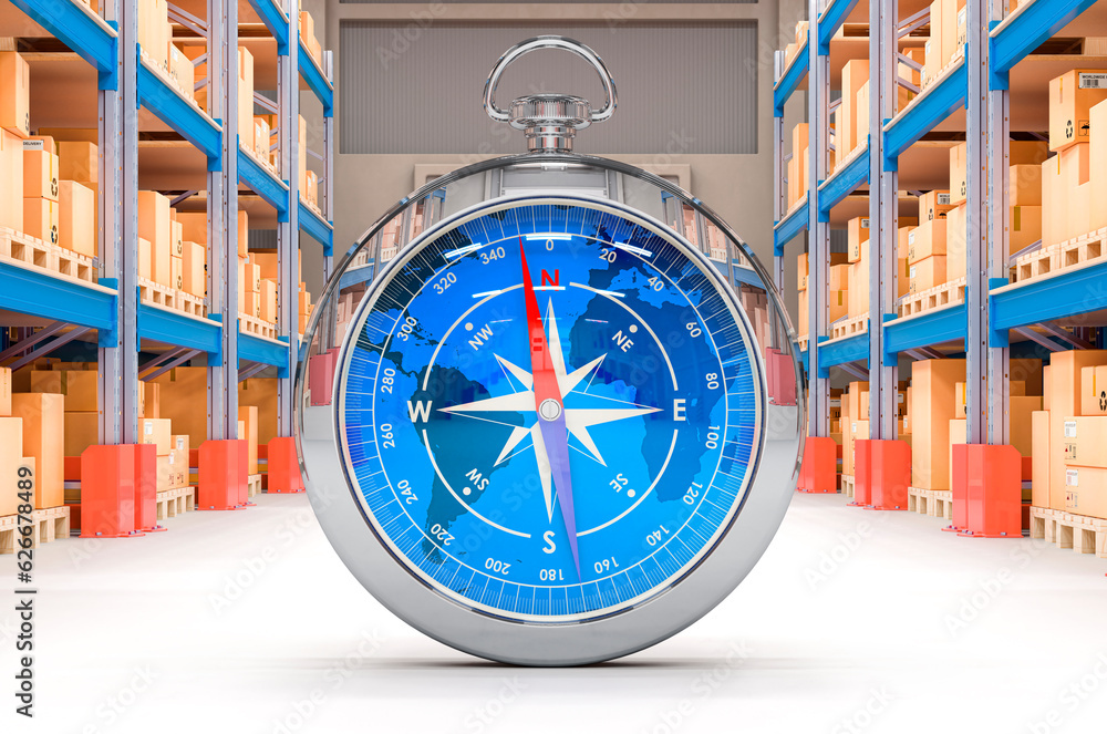 Aufkleber compass in warehouse. shipping and logistic concept. 3d rendering