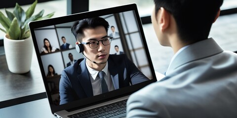 Asian businessman using Zoom for video call on laptop.




