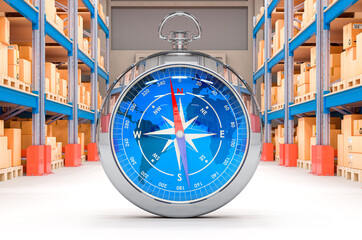 Compass in warehouse. Shipping and logistic concept. 3D rendering
