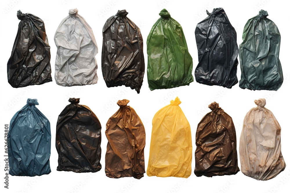 Poster set with different trash bags full of garbage.