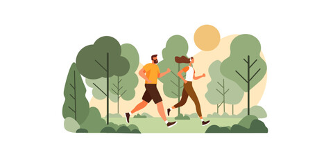 Young man and woman running in the park. The concept of a healthy lifestyle, active recreation, training in the fresh air. Flat illustration.