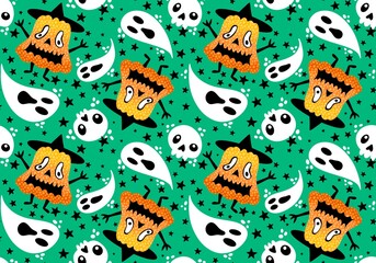 Autumn cartoon harvest vegetable seamless Halloween pumpkins and ghost pattern for wrapping paper and fabrics