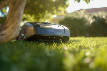 Lawn mower on the garden - Generative AI