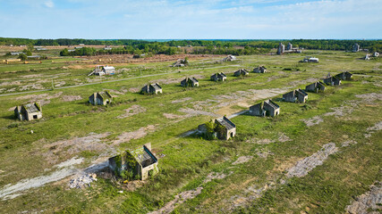 Aerial field strange abandoned structures identical, odd, old, middle of nowhere lost, Russia bunker