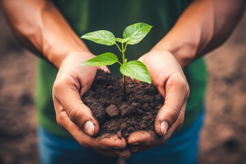 Hands together holding small plant in fertile soil, environmental sustainability, nurturing growth, eco-awareness concept. Closeup