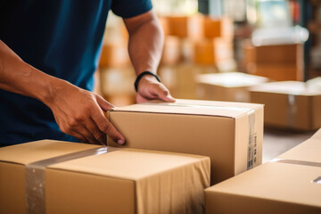 Closeup of a man's hands taping a cardboard box, preparing it for shipment in an e-commerce warehouse - obrazy, fototapety, plakaty