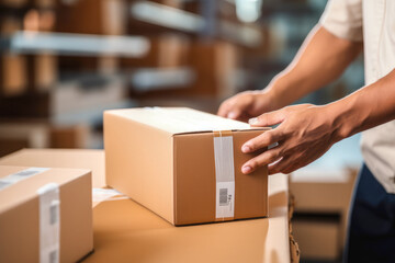 Fototapeta Closeup of a man's hands taping a cardboard box, preparing it for shipment in an e-commerce warehouse obraz