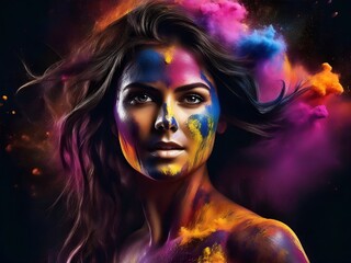 colorful holi powders exploding on a beautiful smiling woman, generative AI