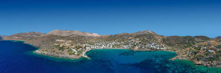 Aerial view of Kini Beach in Syros, Greece - obrazy, fototapety, plakaty