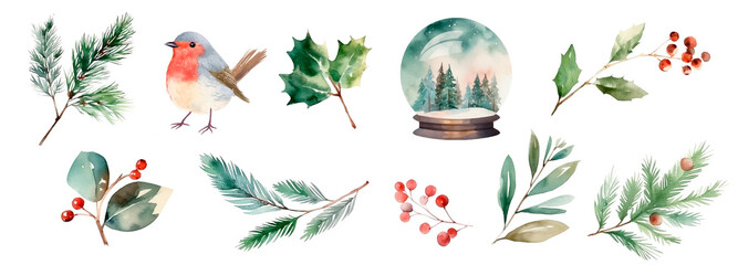 Christmas tree set, fir and spruce branches, holly berries. Winter holidays decorations, watercolor painted snow globe and red robin bird. Design elements for greeting card, invitation, ad.